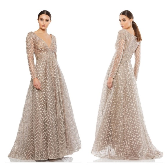 Mac Duggal 20189 NWT EMBELLISHED ILLUSION LONG SLEEVE WRAP OVER A LINE GOWN - Picture 1 of 8